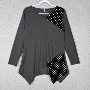 Asymmetrical Artsy Tunic Top 3XL Gray Polka Dot Handkerchief Hem Lagenlook